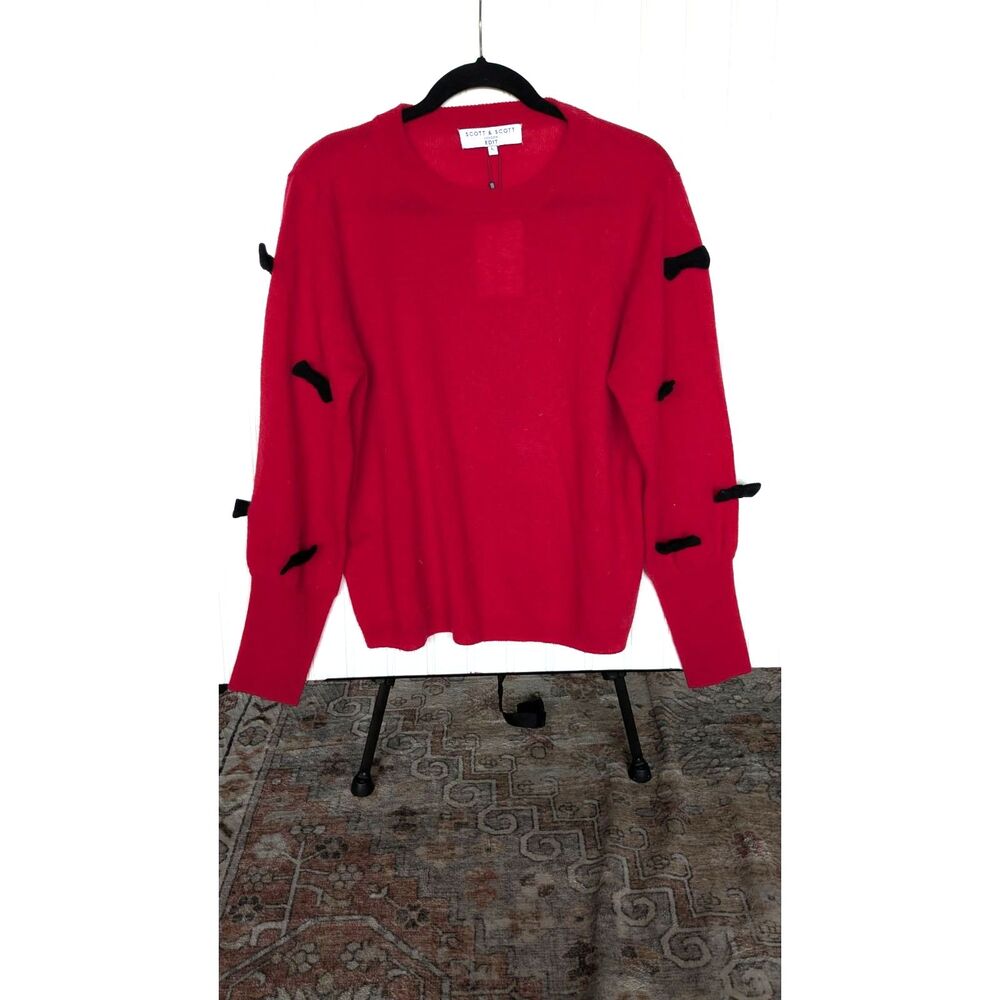 Scott & Scott London NWT Red Crew Neck Black Bows Wool Cashmere Sweater L